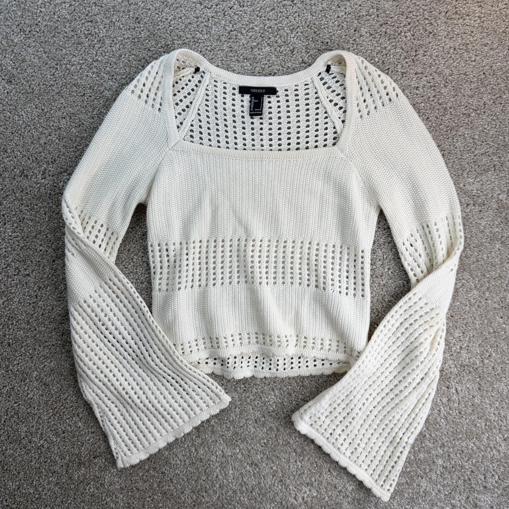 Forever 21 Sweater Womens S White Square Neck Bell Sleeve Open-Knit Pullover